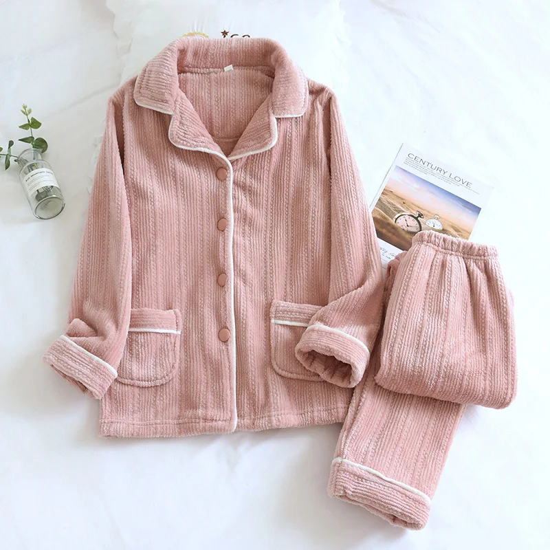 SR193 Winter Warm Pajama Set for Women Thick Velvet Home Flannel Sleepwear Couple Soft Plush Long Pant Men Nightwear Pajamas