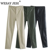 wesay jesi za 2021 womens pu skinny trousers sexy retro slim leather pencil pants high waist buckle zipper street leather pants