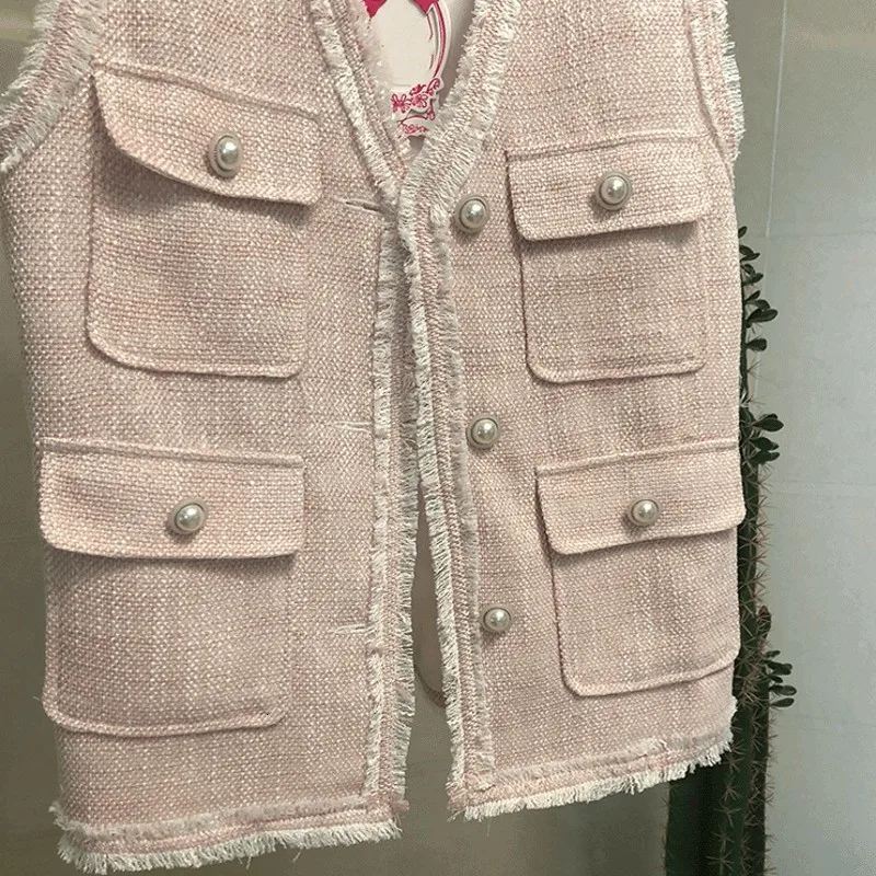 Без рукавов однобортный v-образный вырез женские твидовые жилеты высшего
