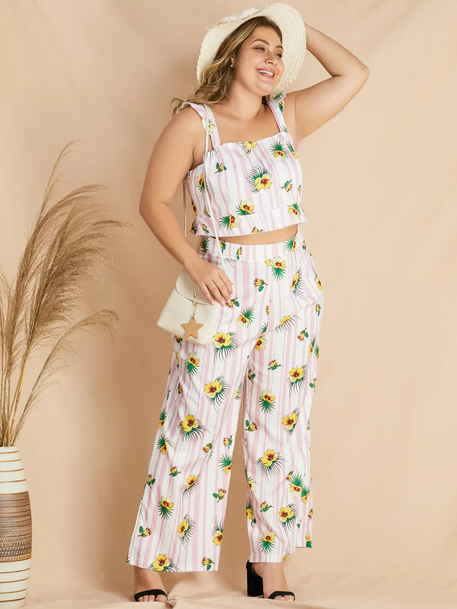 

Women Fresh Floral Printing Two Piece Sets 2021 Summer Plus Size High Waist Loose Pants Spaghetti Strap Sleeveless Tops Outfits