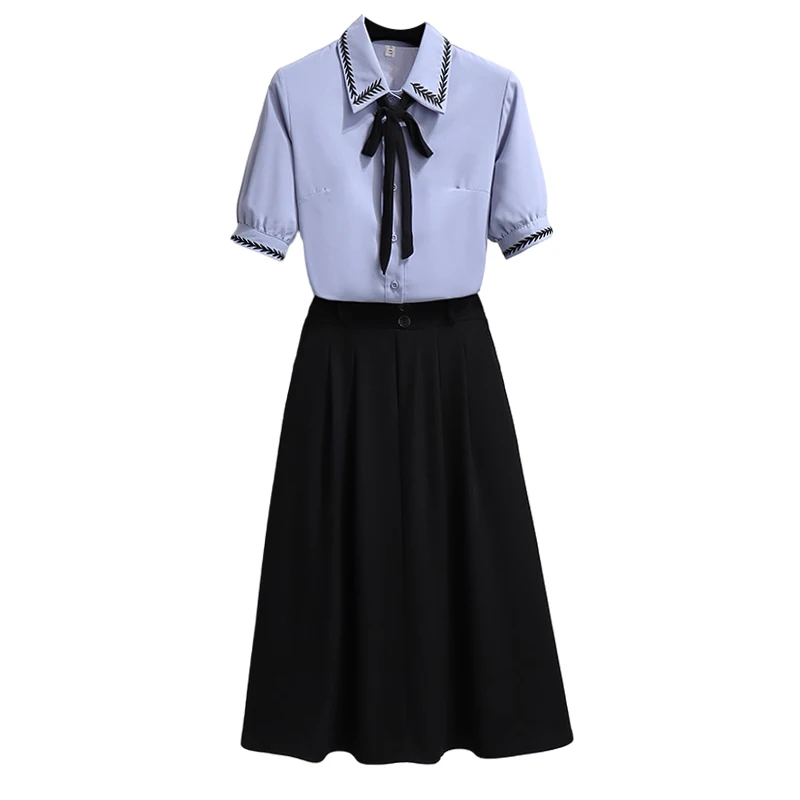 

Женский шифоновый костюм с отложным воротником, комплект из двух предметов с вышивкой, коротким рукавом-фонариком и пуговицами, летняя одеж...