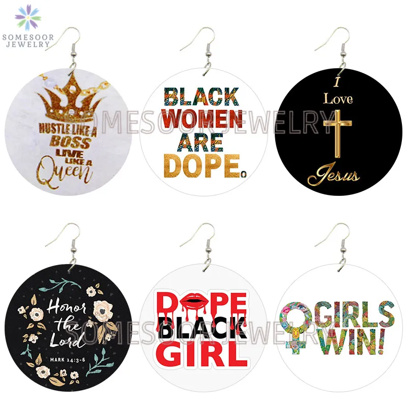 SOMESOOR черная девушка выигрышная печать деревянные висячие серьги Афро Королева