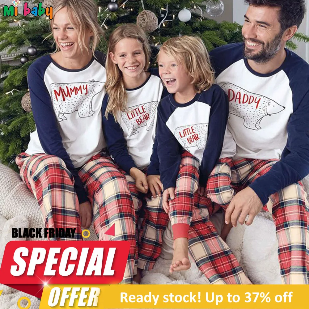 Семейные пижамы рождественские костюмы с медведем на новый год женская ночная