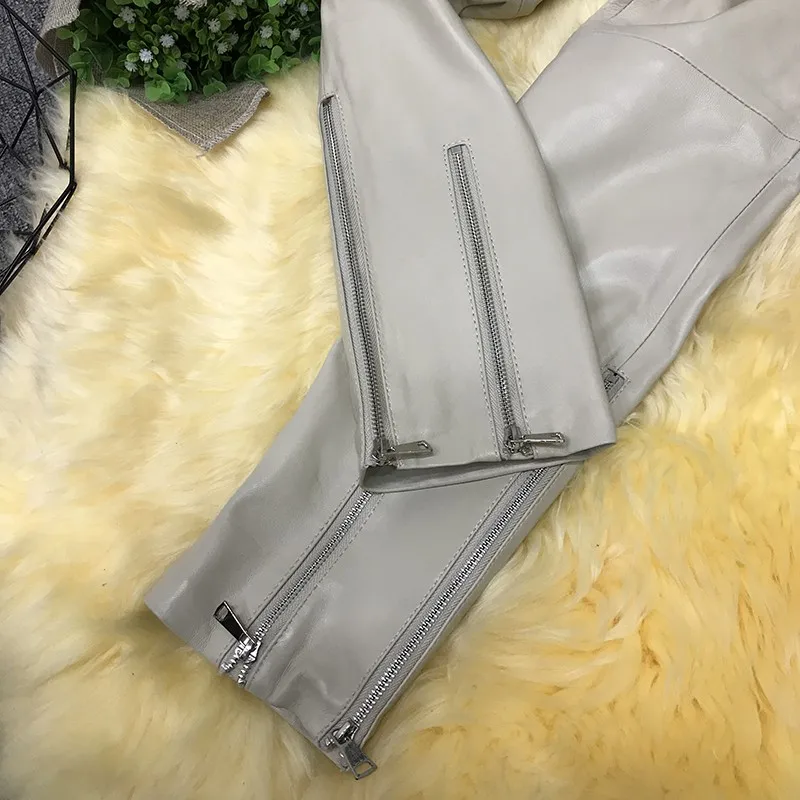 

Women Zipper Fashion Sheepskin Genuine Leather Long Pants Elastic Waist Casual Joggers Trousers Streetwear Female Harem Pants