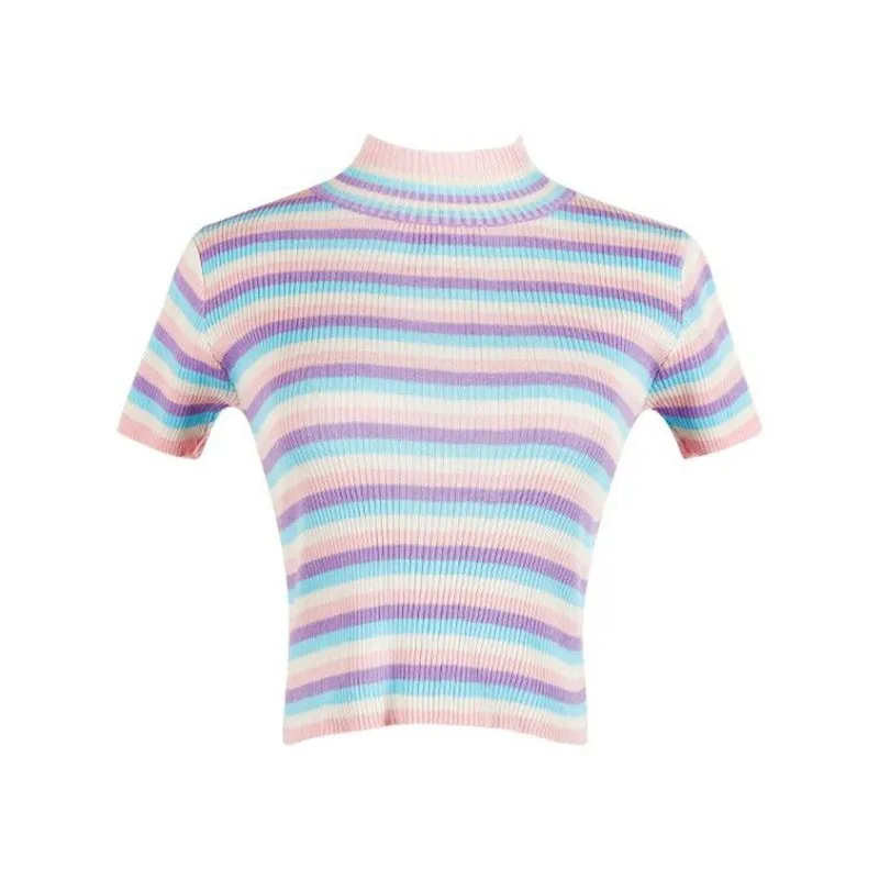 

Summer Women's Cute Contrast Stripe Short Knit Thin Small Turtleneck Short Sleeve T-Shirt
