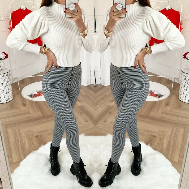 

Hirigin Fashion Women Skinny Pencil Pants High Waist Zipper Slim Fit Casual Pants Trouser Plaid Office Stretchy Leggings Pants