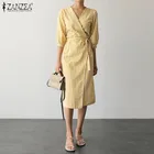 Женский винтажный сарафан в клетку ZANZEA 2022, Повседневное платье с V-образным вырезом, женское платье до середины икры с коротким рукавом