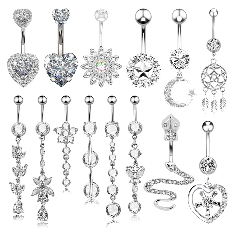 

1pc Sexy Belly Button Ring Surgical Steel Navel Piercing Set Zircon Dangling Long Belly Bar Stud for Woman Body Jewelry 14G Gift