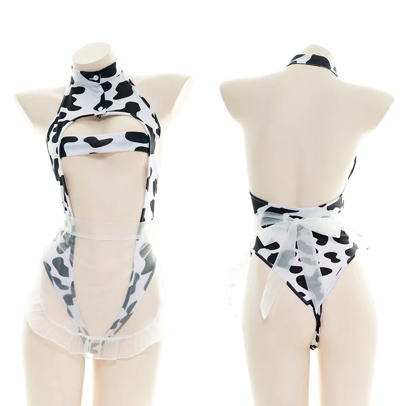

Women Sexy Sukumizu Lolita Girl Cows Print Sleepwear Transparent Nets Yarn Apron Nightwear Cosplay Private Bodysuit Swimwear