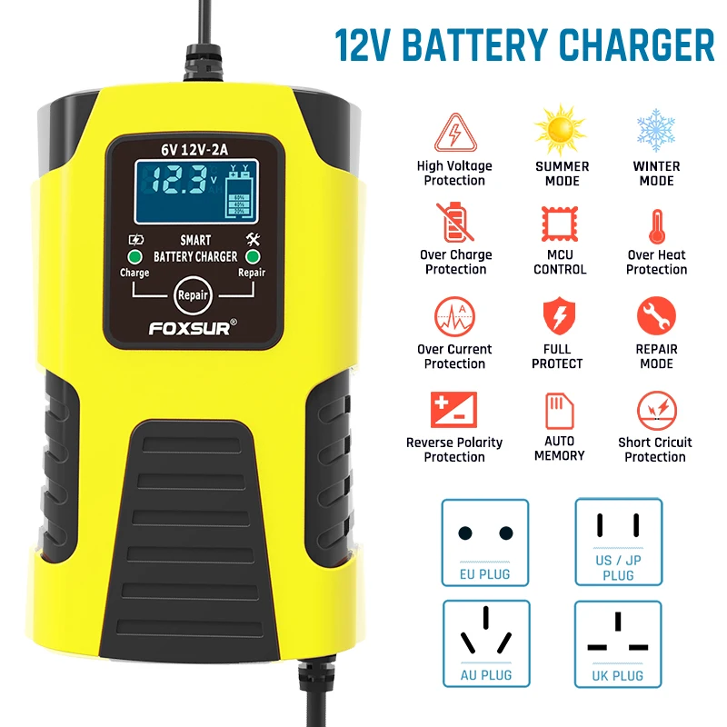 foxsur intelligent automotive battery charger 6v 12v car motorcycle trucks agm lead acid automatic repair desulfator accessories free global shipping
