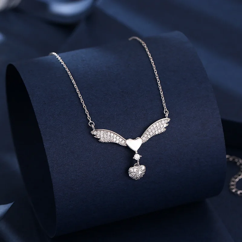 

Original 925 sterling silver inlaid zircon angel wings heart pendant necklace 2020 woman fashion DIY jewelry gifts free shipping