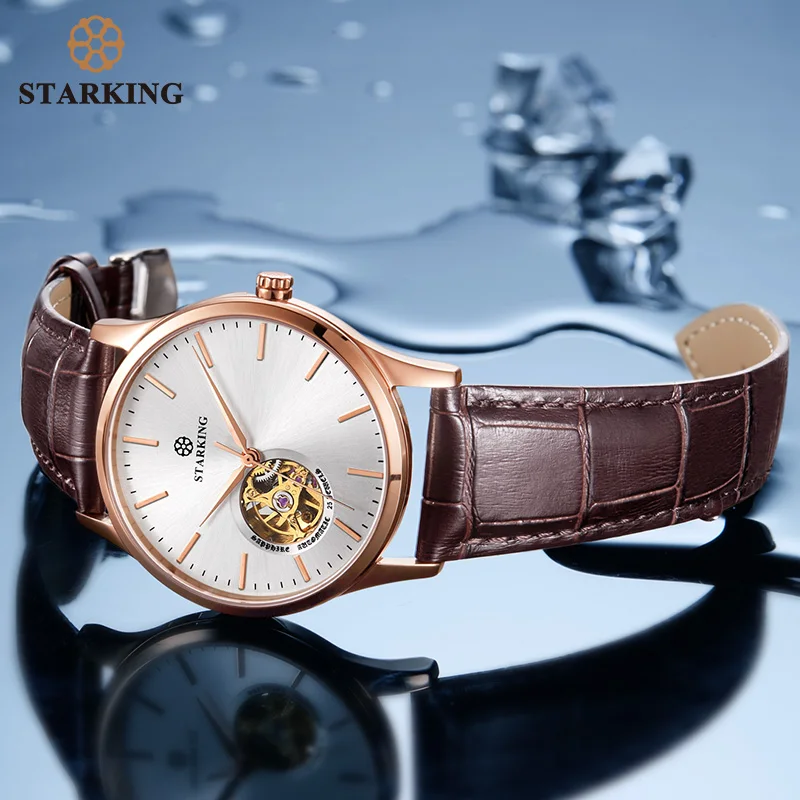 STARKING Mechanical Watch Men Automatic Self-wind Movt Skeleton Gold Stainless Steel Male Wristwatch Sapphire 5ATM | Наручные часы