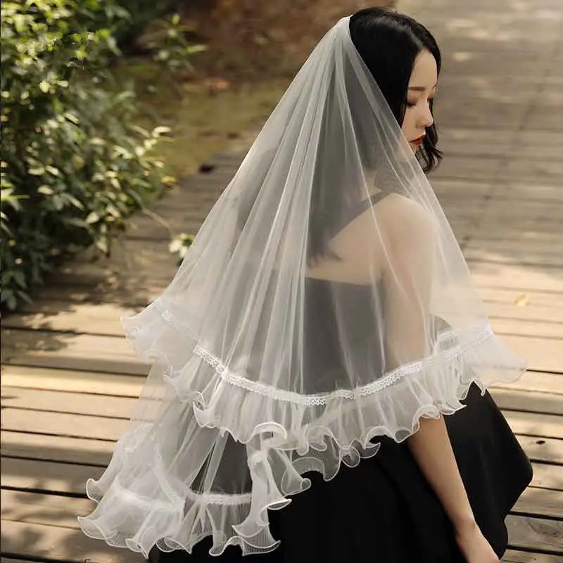 2019 Elegant Lace Ruffle Edge 1.5M Bridal Wedding Veils Two layers Short With Comb Cheap Accessories | Свадьбы и торжества