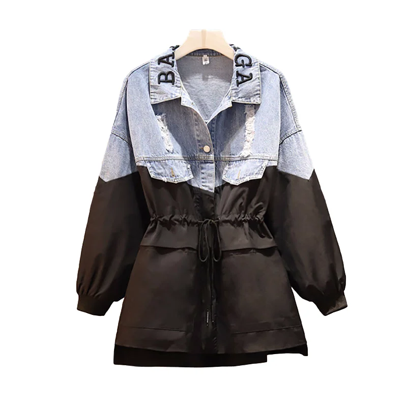 

Женская джинсовая куртка на молнии, Повседневная Свободная ветровка составного кроя с вырезами и надписью, большие размеры, 2021