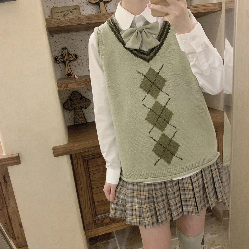 

Sweater Vest Women Argyle V-neck Colorful Casual Preppy Womens Sweaters Flanging Loose Fashion Korean Style Students Knitted New
