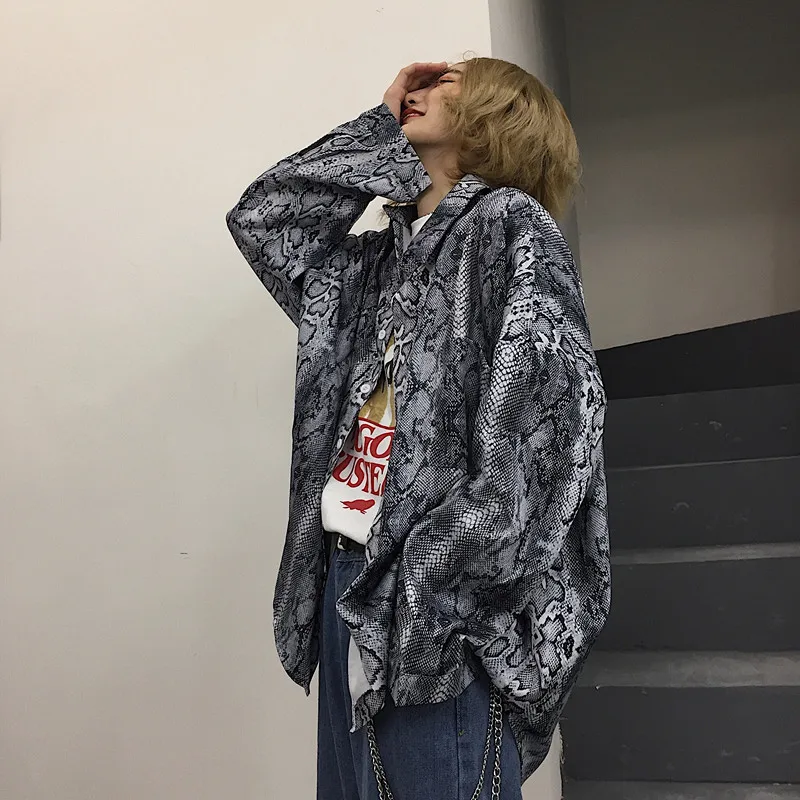 

Long Sleeve Oversized Men Women Shirt Harajuku Gothic Snake Print Long Loose Blouse Korean Button Vintage Big Plus Size Clothes