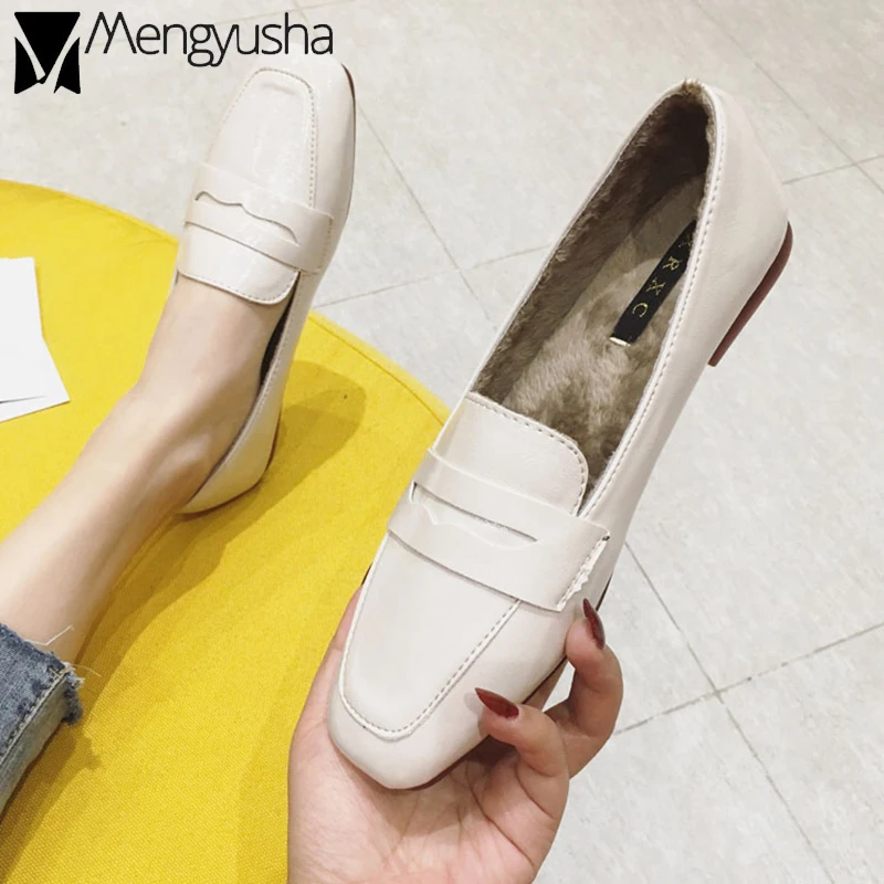 Зимняя обувь на плоской подошве женские лоферы балерины квадратный носок