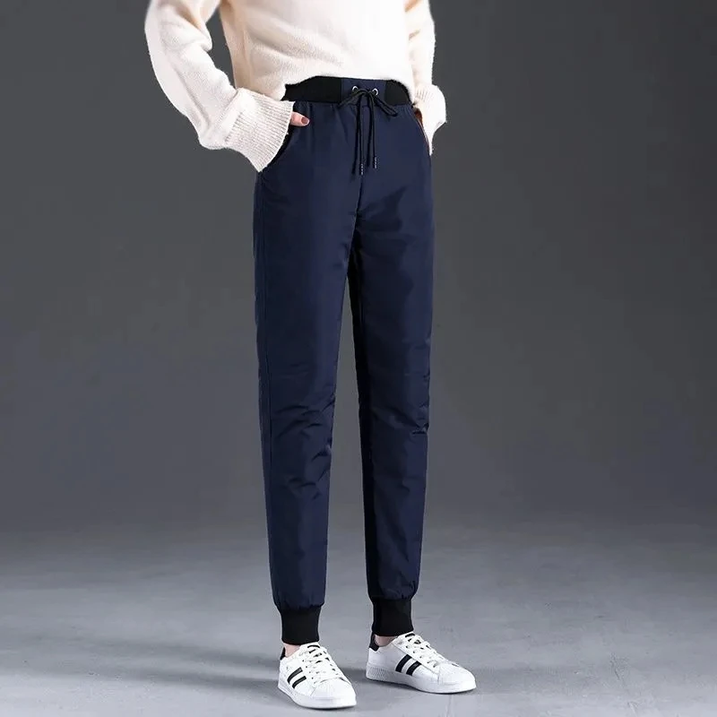 

Новинка 2023, зимние хлопковые брюки на пуху, женские спортивные шаровары, теплые хлопковые брюки с высокой талией, повседневные свободные спортивные брюки 3XL