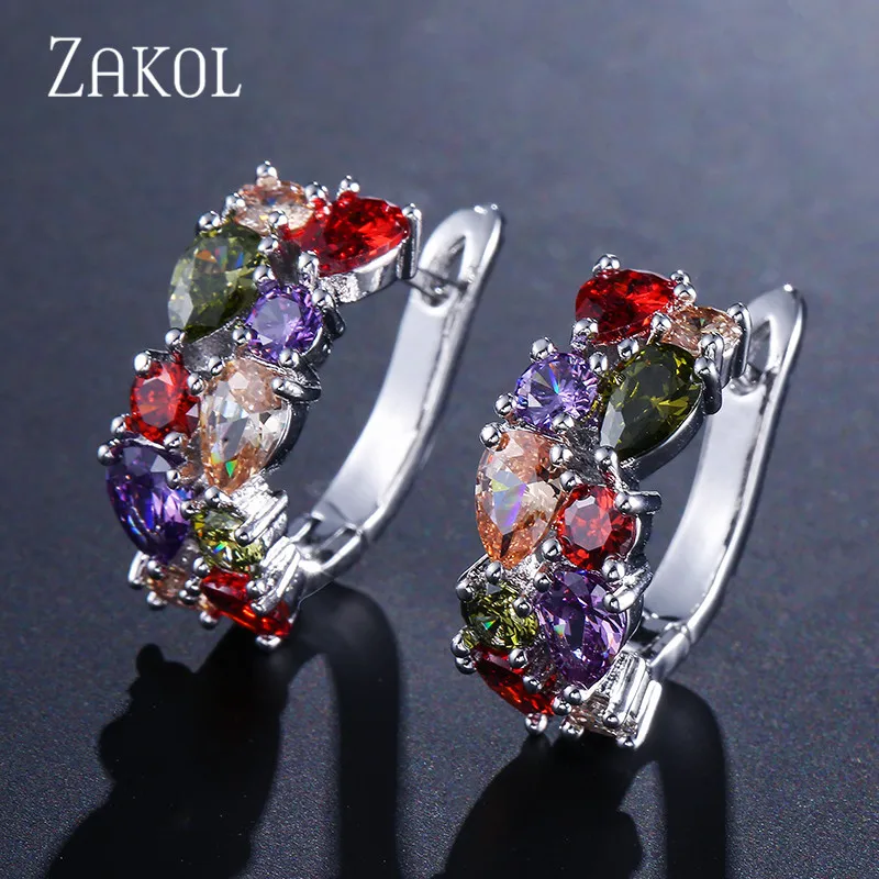 ZAKOL, модные серьги-гвоздики, розовый, золотой цвет Цирконий, Мона Лиза, Разноцветные серьги с кристаллами для женщин, свадебные ювелирные изделия, FSEP094 - Окраска металла: Multicolor