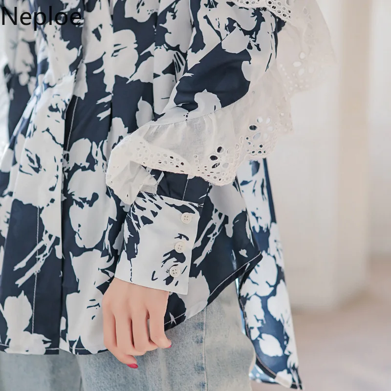 Neploe корейский стиль Instagram кружевная Лоскутная Блузка с воротником стойкой и