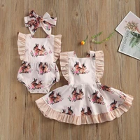 summer family matching outfits clothing girls rabbit floral print square collar fly sleeve dress baby romper with headwear