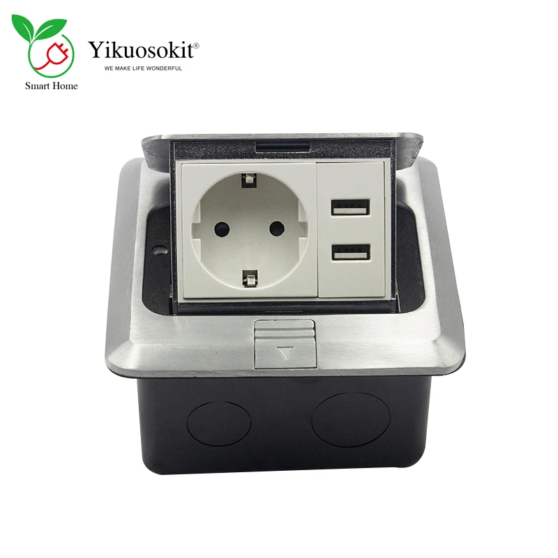 

High Quality EU Plug Ground Sockets 5V 2.1A 2 USB Charging Silver Pop Up Embedded Floor Power Socket Electrical Outlet CE Rohs