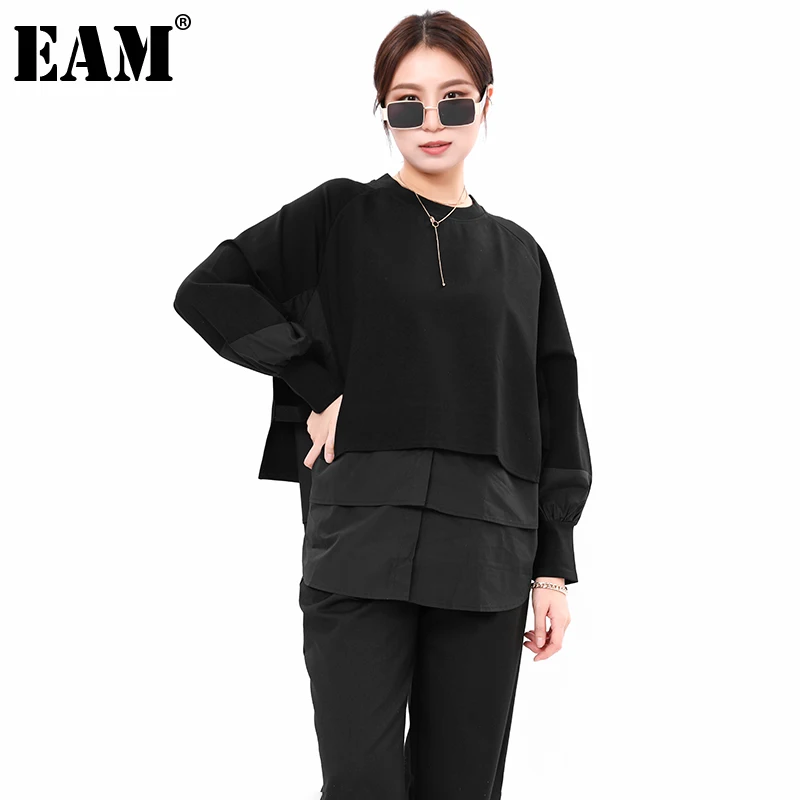 

[EAM] Women Contrast Color Casual Big Size T-shirt New Round Neck Long Sleeve Fashion Tide Spring Autumn 2021 1DC53801