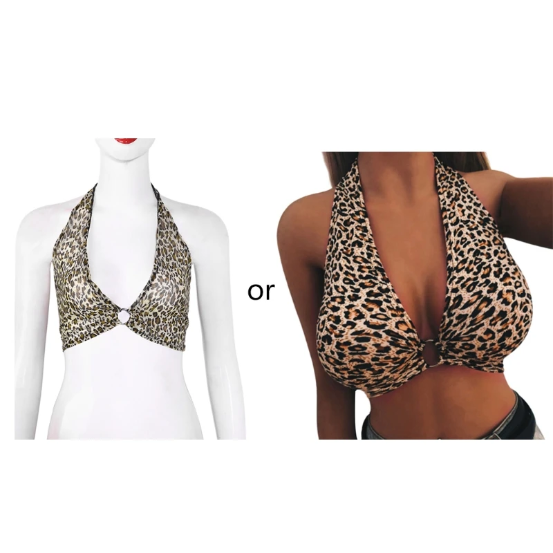 

Womens Sexy Plunging Deep V-Neck Bralette Halter Wide Strap Leopard Backless Crop Top Metal Ring Ruched Push Up Bustier Clubwear