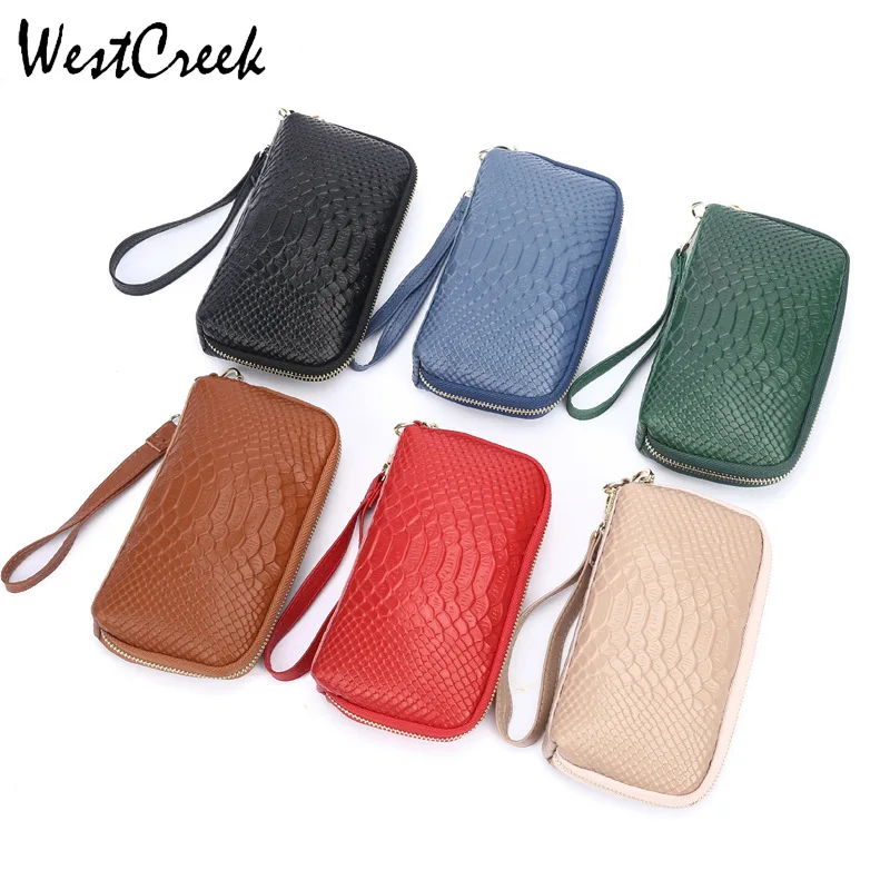 

WESTCREEK Brand Women Serpentine Phone Clutch Bag Fashion Genuine Leather Long Wristband Wallets Female Coin Purses