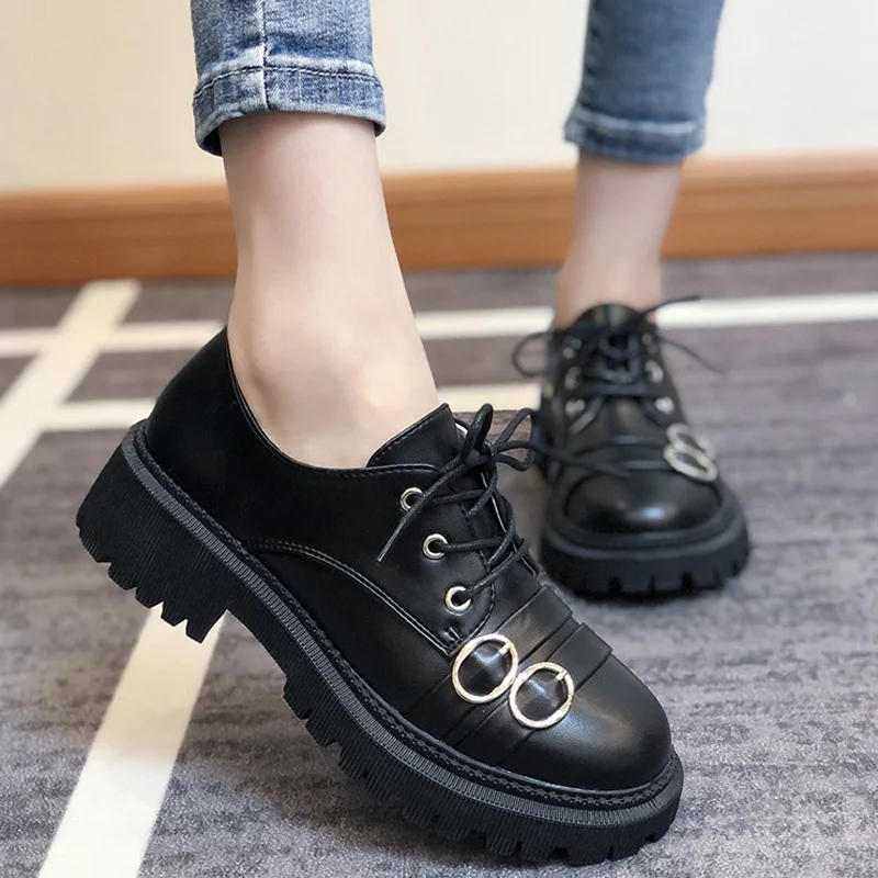 

Women's Flat Shoes Lace-Up Solid Thick Bottom Shallow Female Spring&Autumn Shoe Fashion Vintage Strappy Leisure Ladies Footwear