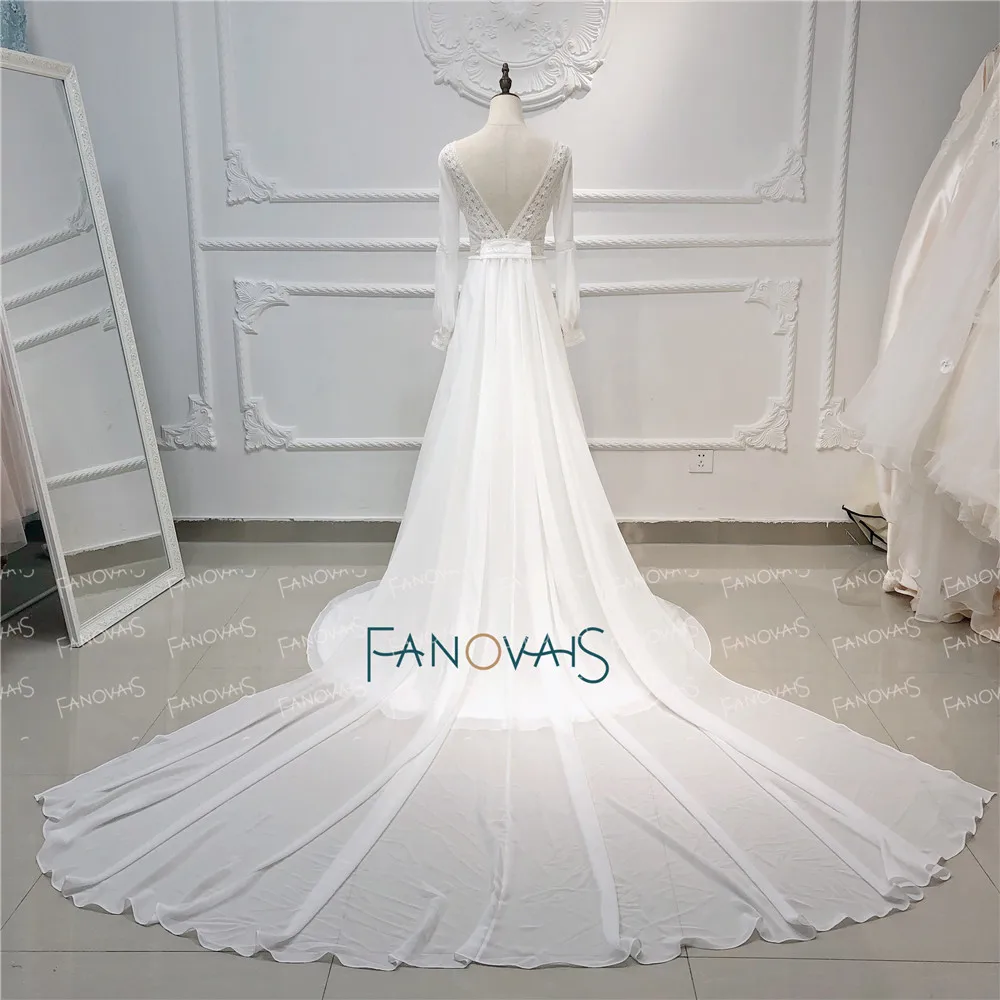 Elegant Boho Wedding Dresses 2020 V Neck Long Sleeves Bridal Dress Beach Gown Lace Removable Train Vestido de Novia | Свадьбы и