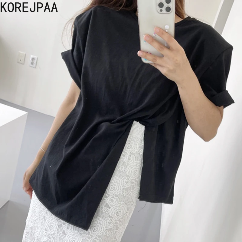 

Корейские женские рубашки 2021, летние корейские повседневные женские пуловеры с круглым вырезом, свободная однотонная Асимметричная блузка...