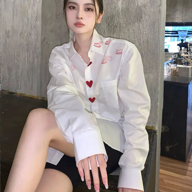 

2021 New Arrival Autumn Women Loose Casual Polo-neck Long Sleeve Blouse All-matched Print Single Breasted Long Shirts P262