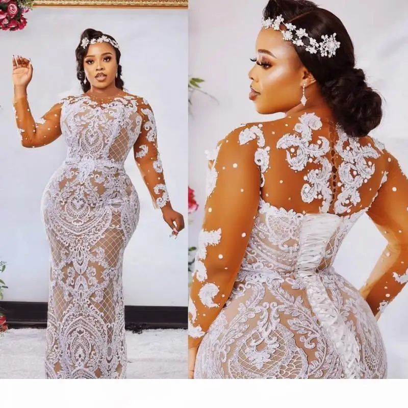 

Fashion Plus Size Mermaid Lace Wedding Dresses Sheer Bateau Neck Long Sleeves Beaded Bridal Gowns Sweep Train robe de mariée