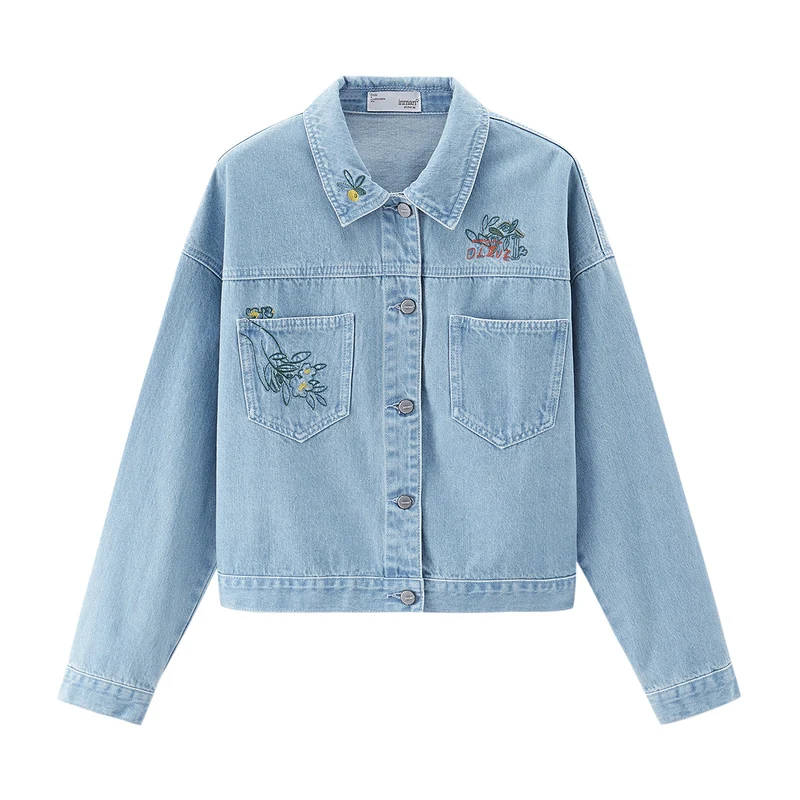 

INMAN Spring Autumn Women's Denim Coat Gold Thread Embroidery Simple Elegant Lovely Flower Loose Shoulder Fash