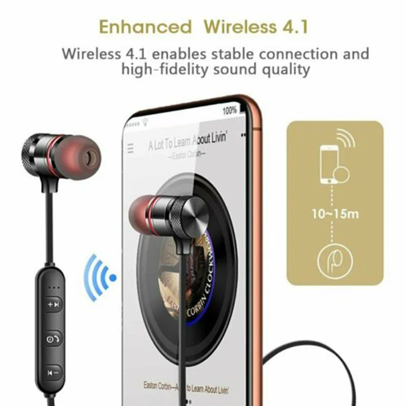 

Universal Stereo Earbuds Music Metal Headphones With Mic Bluetooth V4.1 Earphone Sports Neckband Magnetic Wireless Earphones