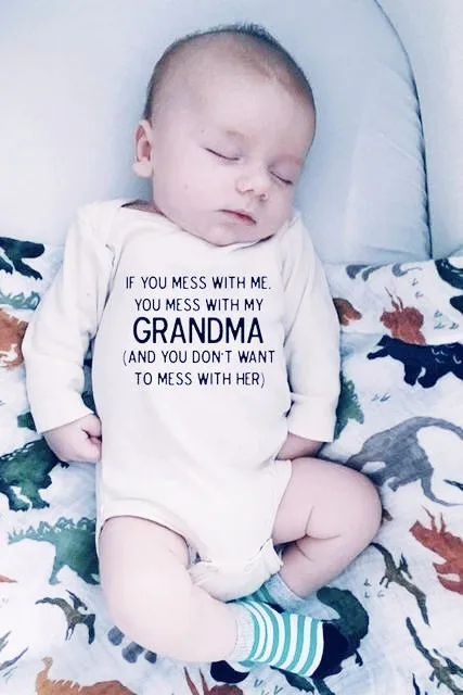 

If You Mess with Me You Mess with My Grandma Infant Baby Boy Girls Bodysuit Letter Long Sleeve Bodysuit Cotton Clothes
