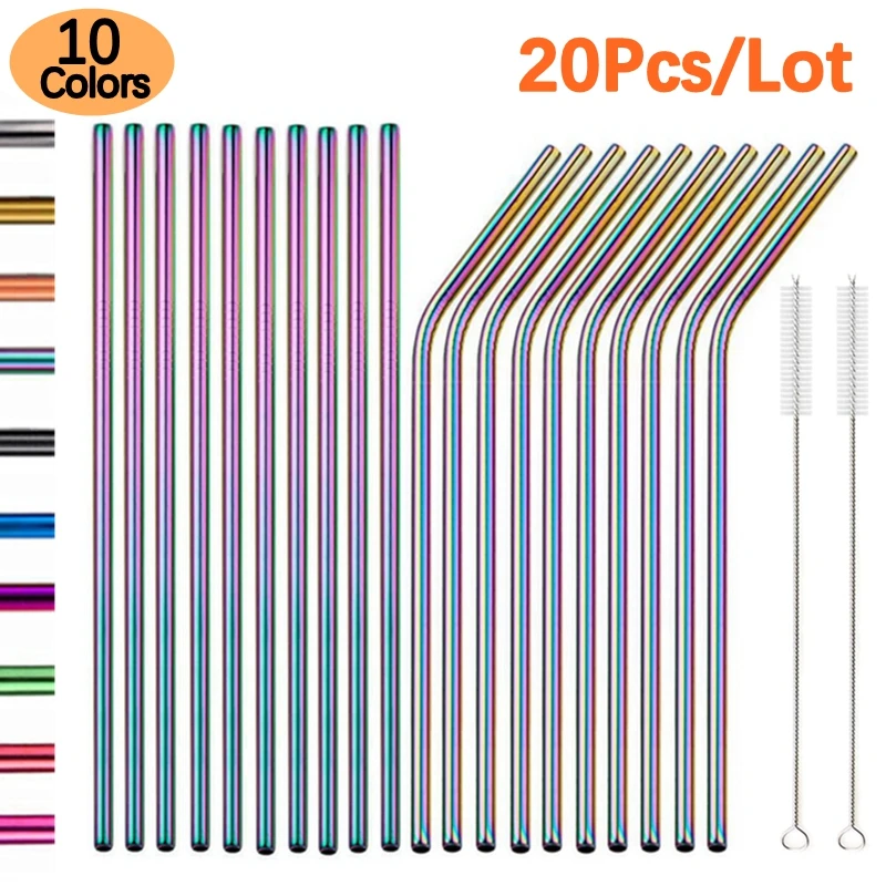 

6*215mm Colorful 304 Stainless Steel Drinking Straw Eco-friendly Reusable Metal Bent Straws Set Party Favor Bar Accessory