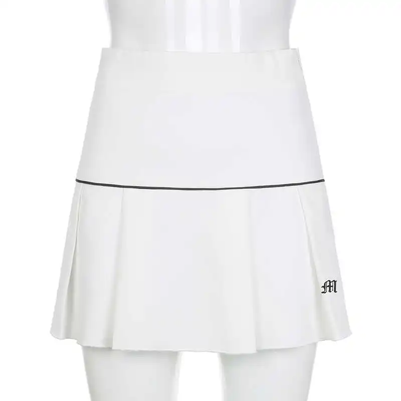 

Waatfaak High Waist Tennis Skirt Pleated Embroidery Striped A Line Korean Skirts Short Black Sexy Harajuku Skirt White Autumn