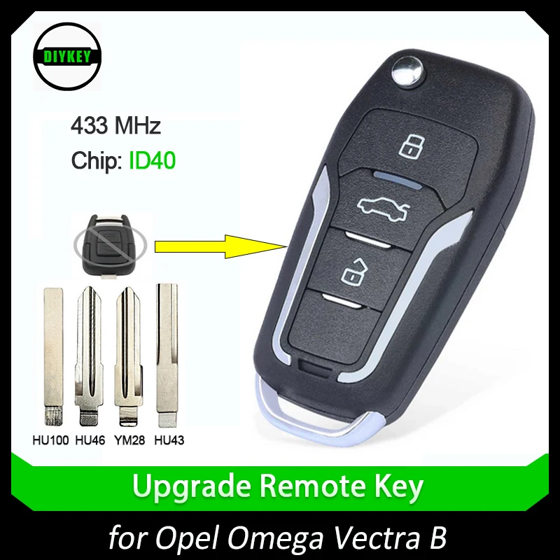 

Модернизированный откидной дистанционный автомобильный ключ DIYKEY для Omega Fob, 3-кнопочный чип 433 МГц ID40, чип для Opel Vectra B 1995-2002/Omega 2003