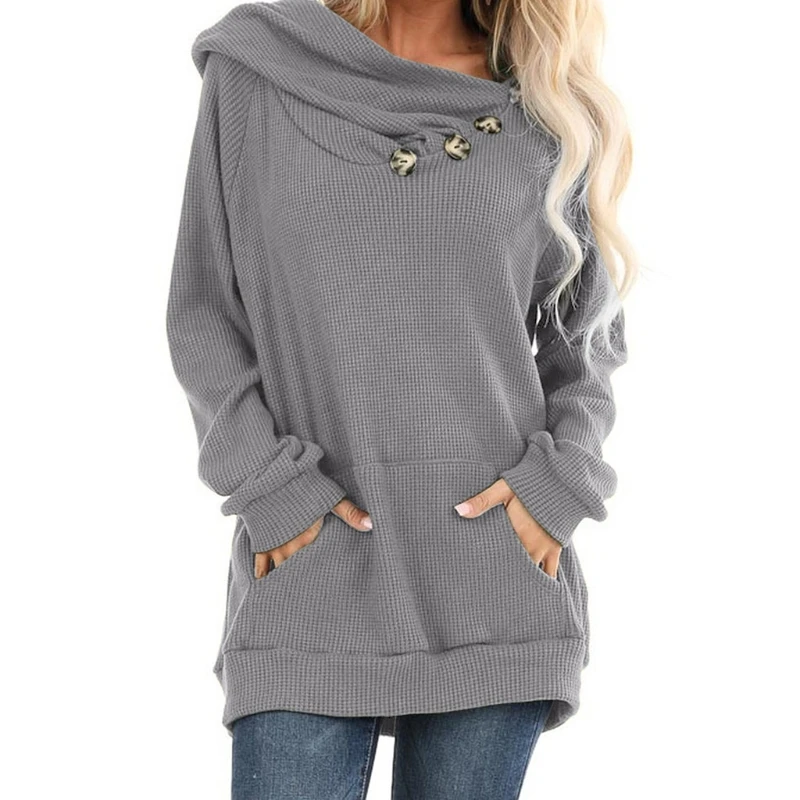 

Women Long Sleeve Button Cowl Neck Hoodies Solid Color Loose Tunic Sweatshirt BX0B