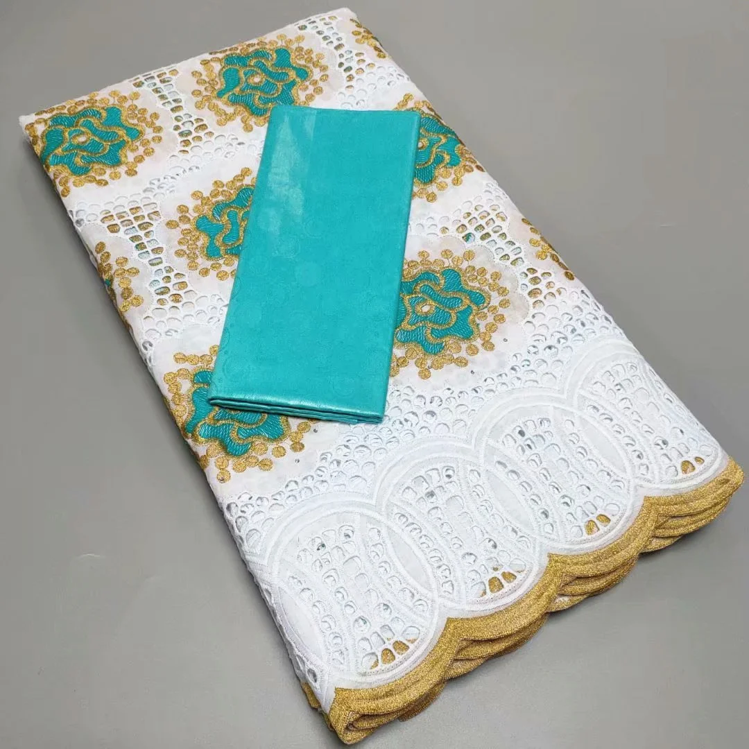 

2.5 Yards African 100% Cotton Lace Fabric 2021 High Quality Swiss Voile Lace with 2.5yards Bazin Riche Embroidery White TY610-1