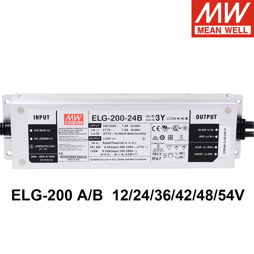 

MEAN WELL ELG-200 12V 24V 36V 42V 48V 54V Current and Voltage Adjustable Switching Power Supply 200W LED Driver 3 In 1 Dimming