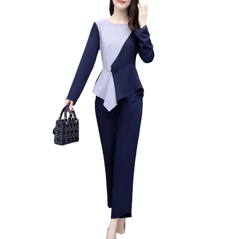 

Suit women's waist-tight long-sleeved top straight pants casual age-reducing slimming fashionable 2020 Autumn new two-piece set