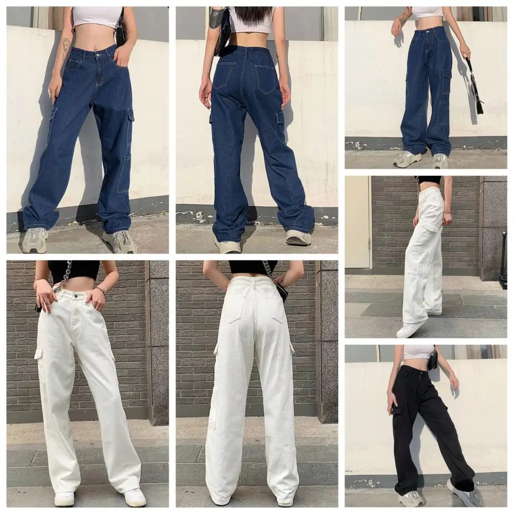 Women Casual Loose Style Jeans, Solid Color High Waist Wide-leg Pants With Big Pockets, White/ Dark Blue/ Black