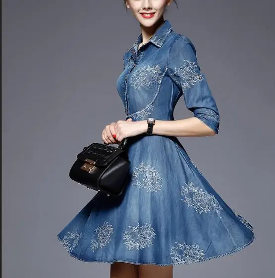 Летнее джинсовое платье женская рубашка с вышивкой офисная одежда Ретро стиль