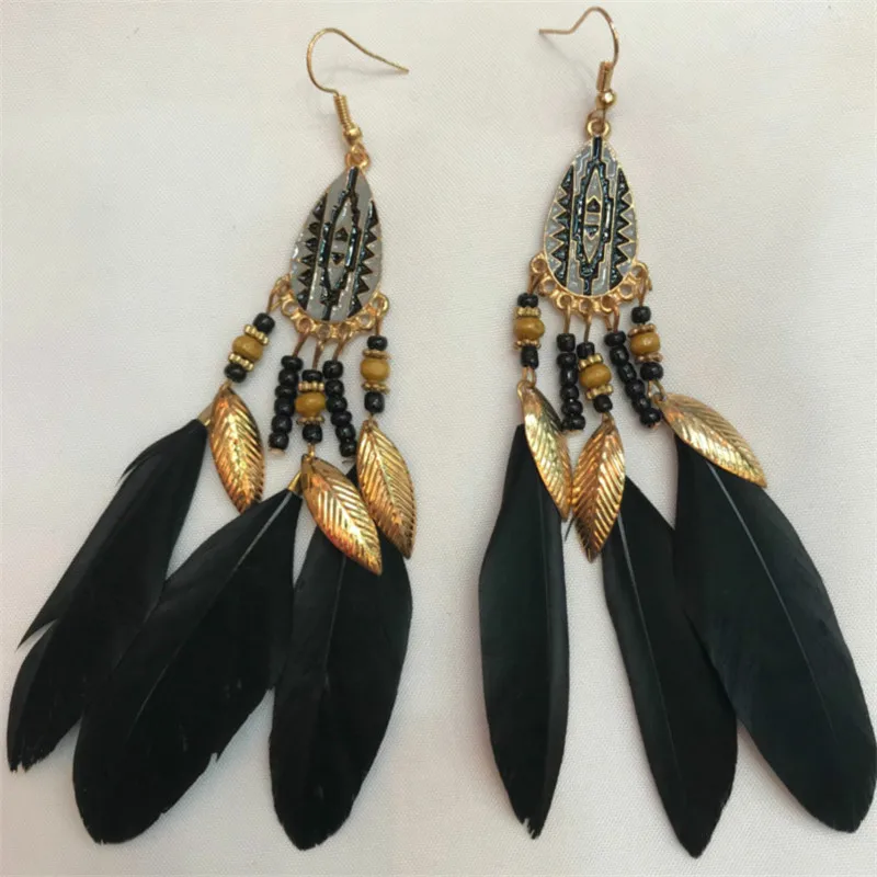 

Bohemia Boho Long Tassel Earrings Natural Feather Wedding| Party Long Gypsy Jewelry Dangle Gold Leaf Long Beaded Earrings #TR349