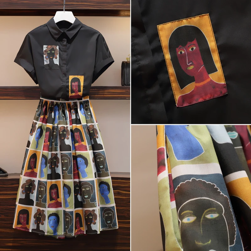 Абстрактный Аватар Печать рубашка и Юбки Женский комплект 2 шт. 2020 Лето ретро