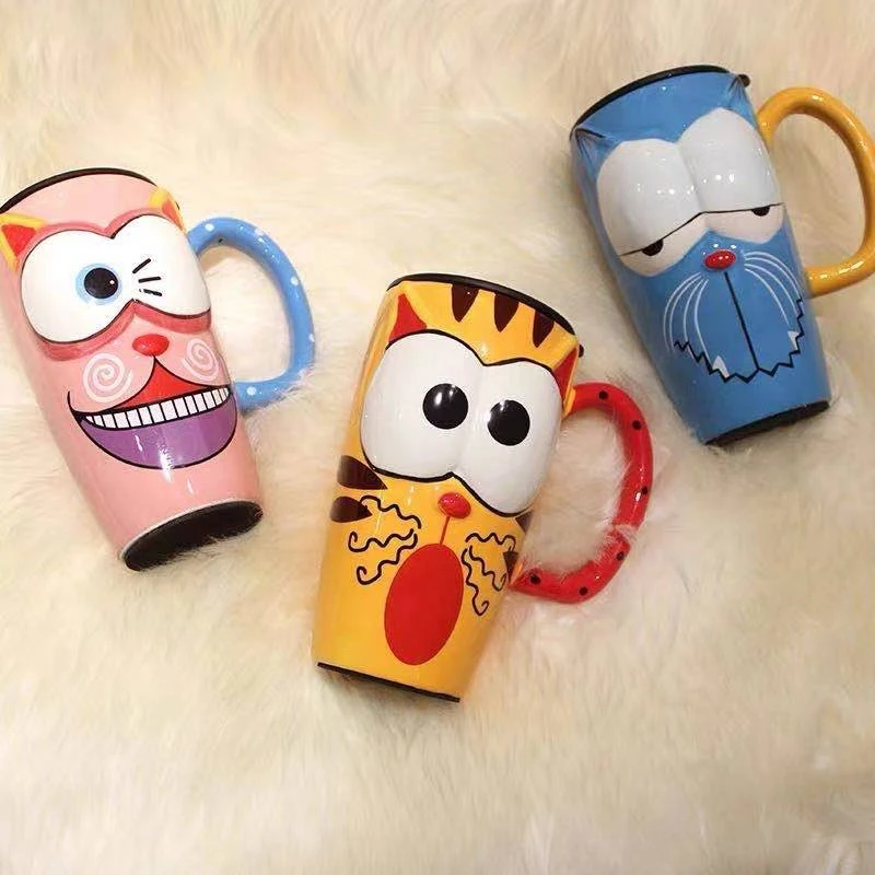 

Colorful Painted Ceramic Mug Creative Cartoon Mug with Cover Spoon Coffee Mug Couples Gift