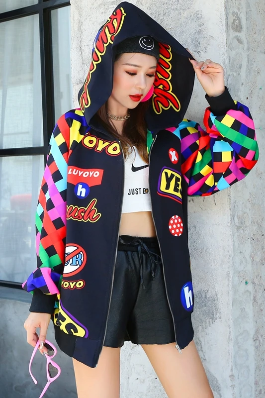 

Women's black short jacket women's trendy ins niche 2020 new autumn loose wild retro Hong Kong style printed top